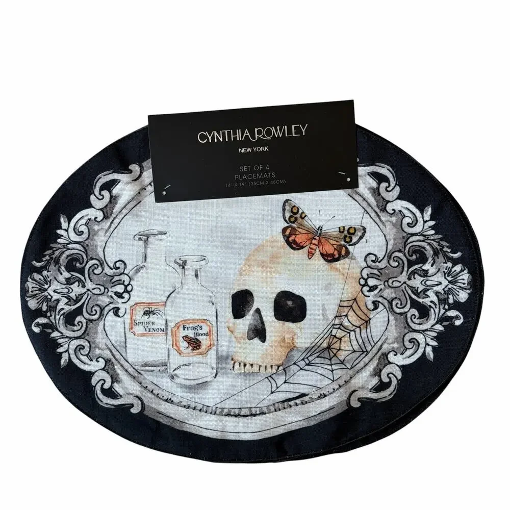 Cynthia Rowley Halloween Placemats Set of 4 Skull Butterfly Goth Oval 14x19 NEW